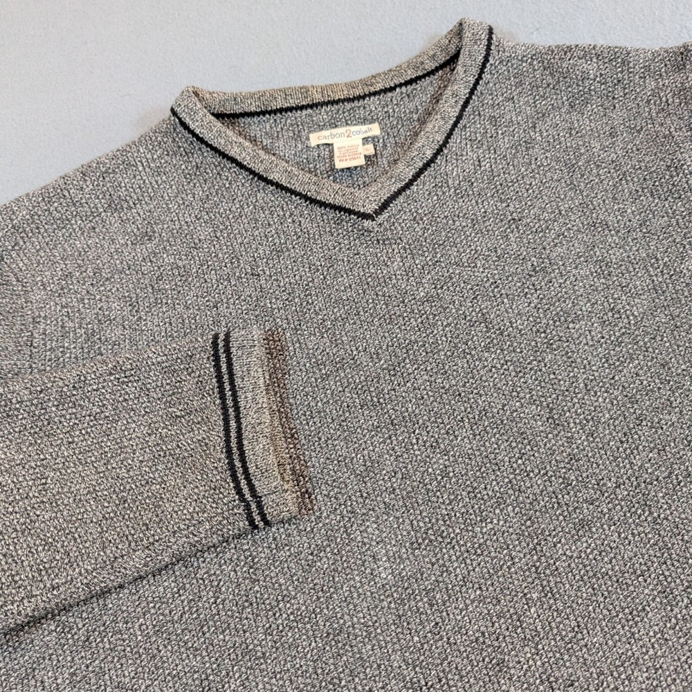 Carbon 2 Cobalt Mens Large Marl‎ Cotton Knit V-Neck Sweater Contrast Trim